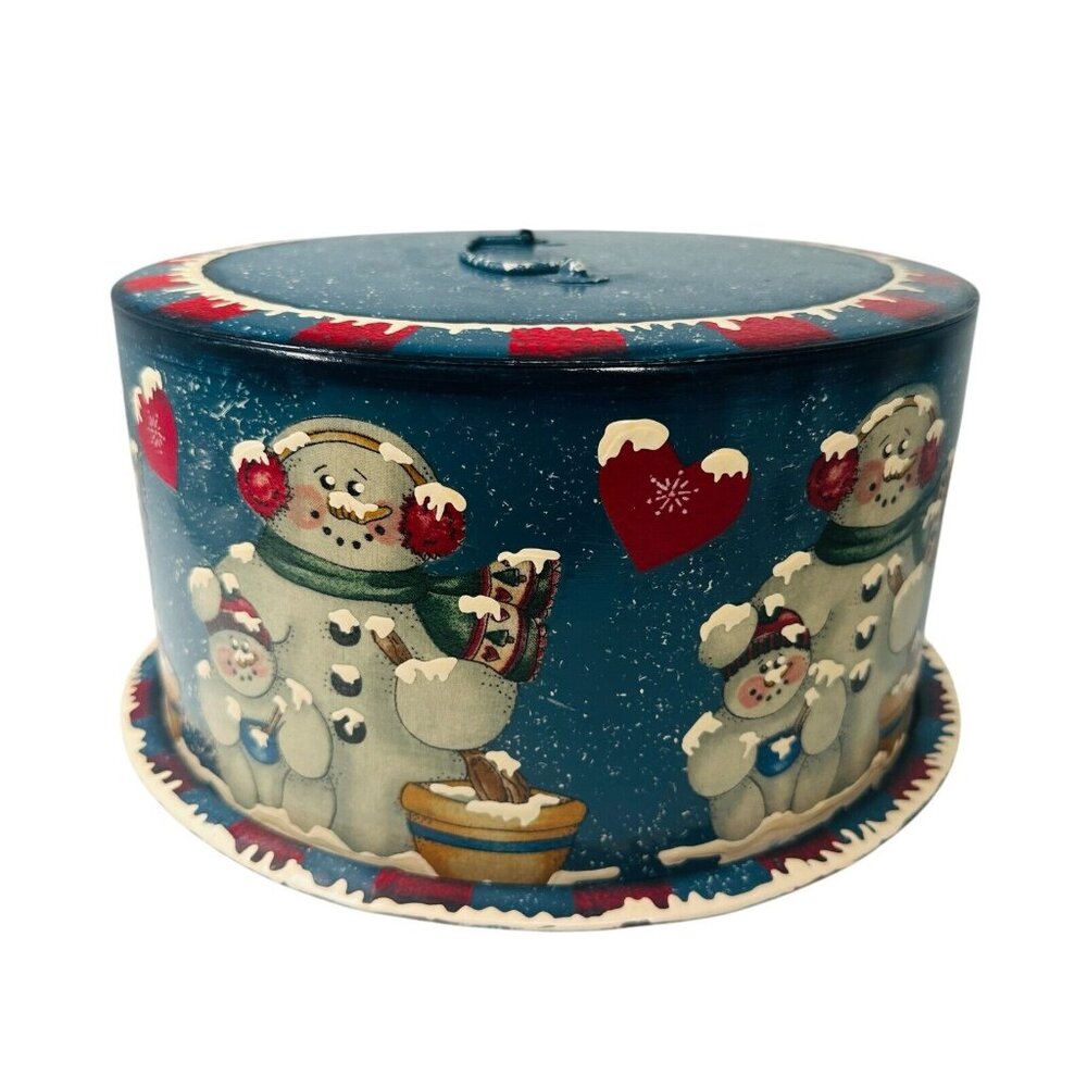 Vintage Metal Cake Carrier Christmas Holiday Snowman Painted - Picture 3 of 16